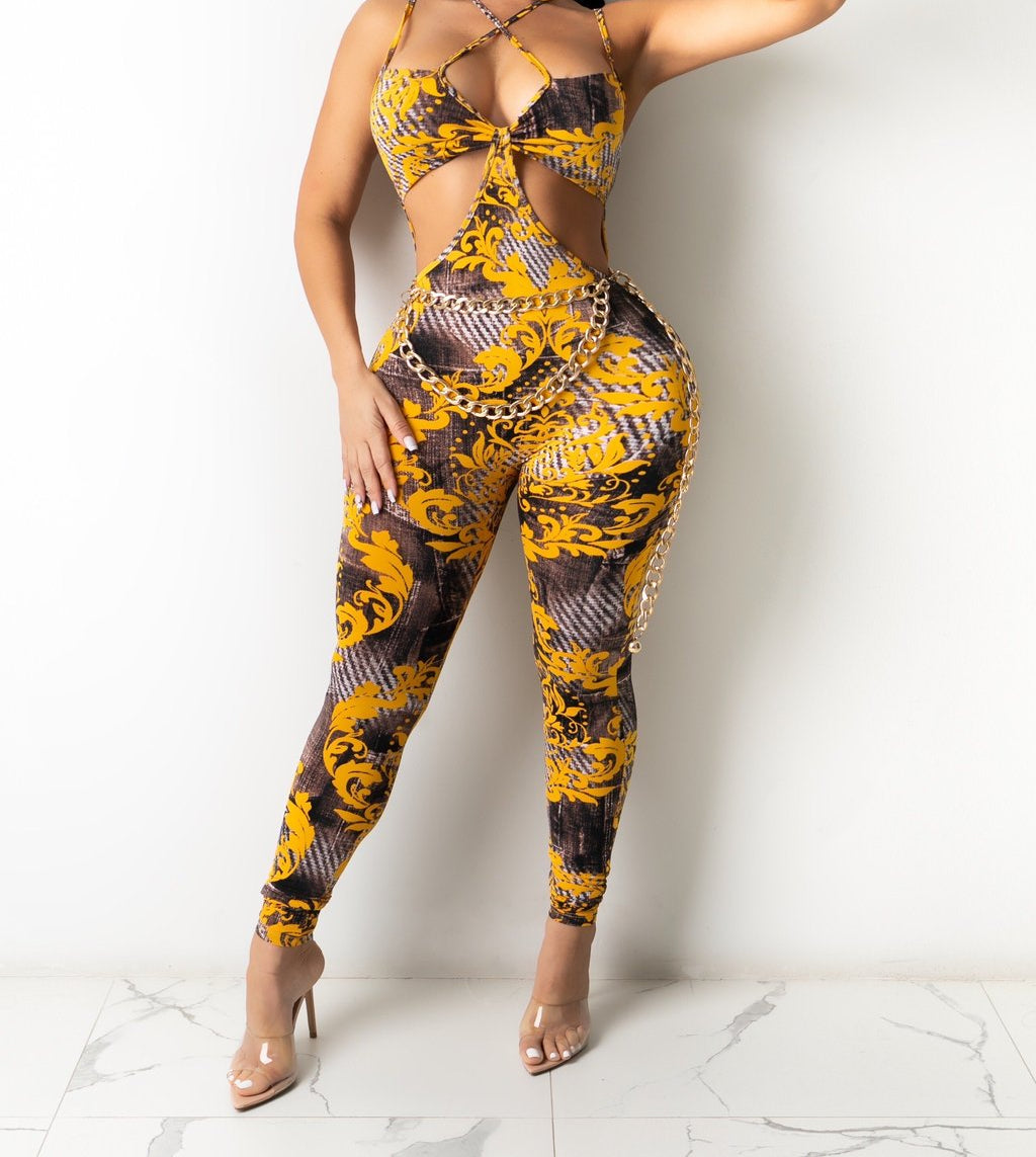 Gold Print Cut Out Jumpsuit